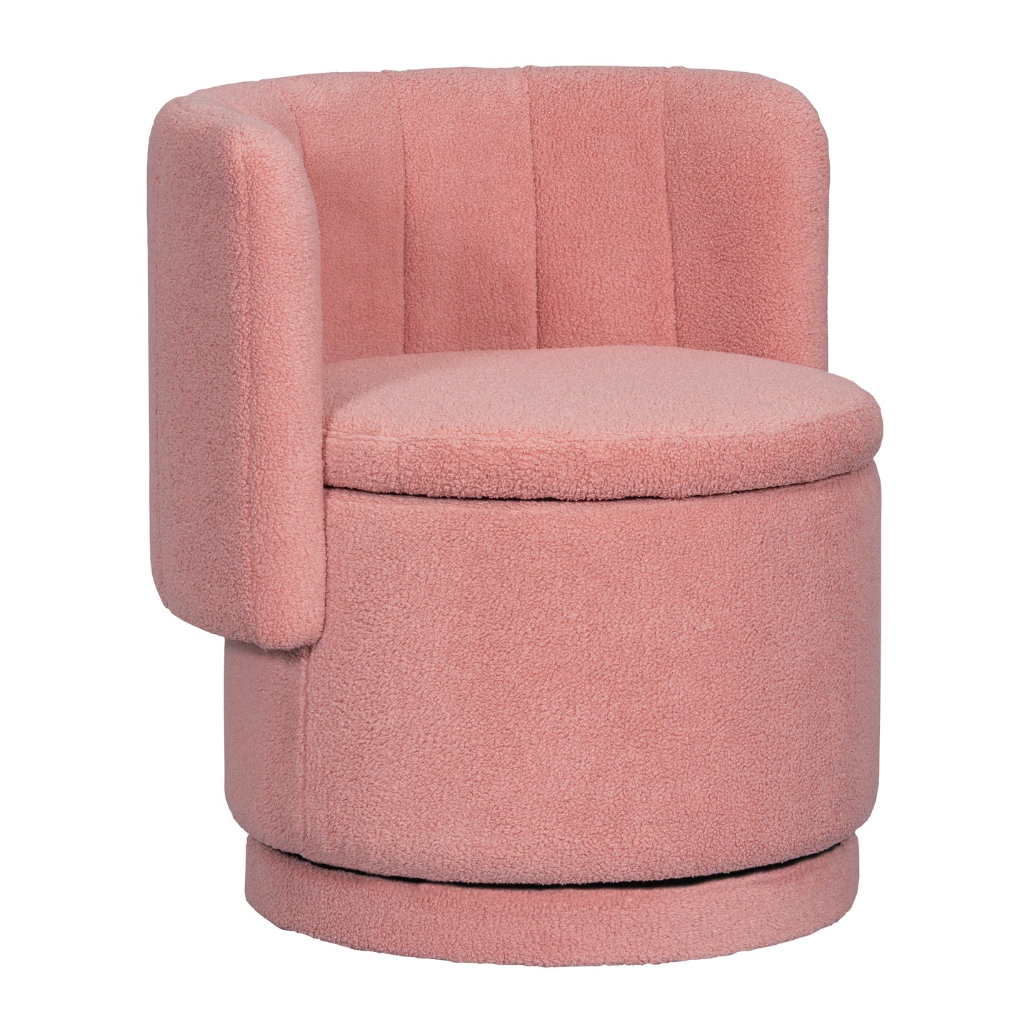 Plush pink swivel chair with channel tufted back and rounded seat