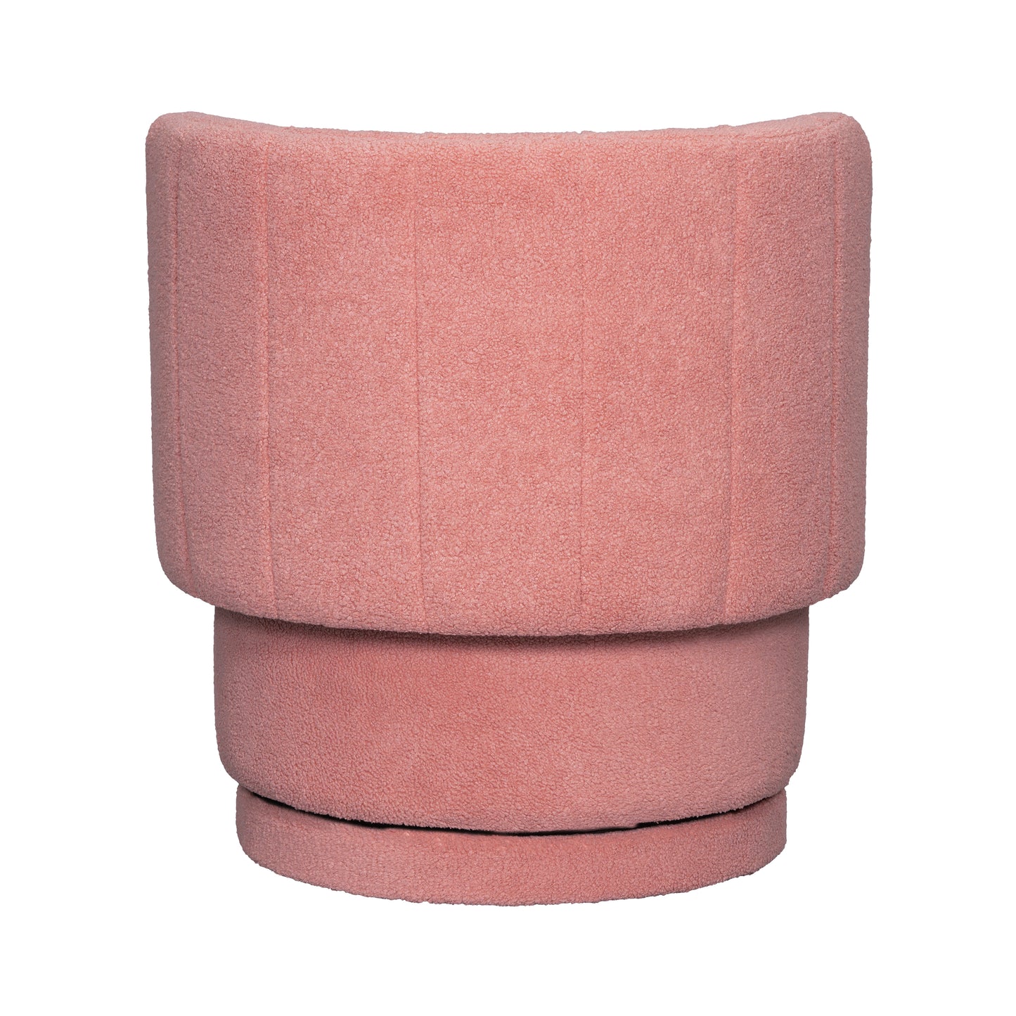 Textured pink swivel chair with a rounded back and cylindrical base