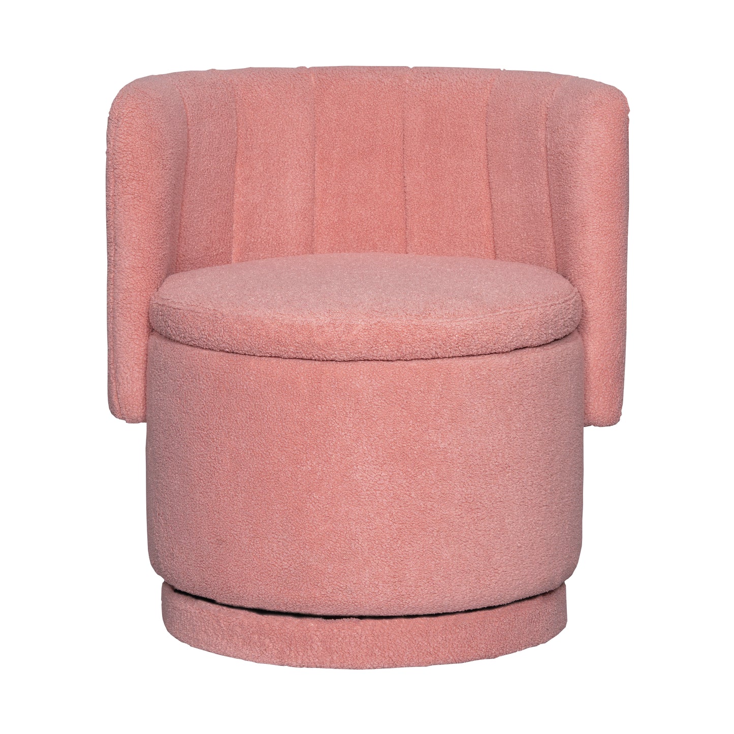 Plush pink swivel accent chair with channel tufting perfect for a cozy reading nook