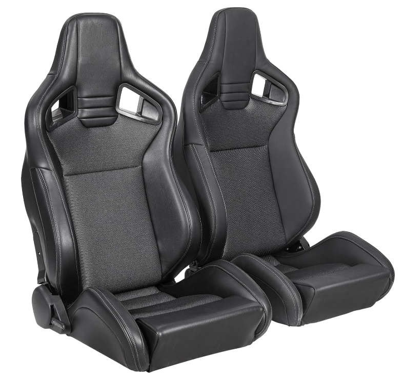 Pair of black leather bucket racing seats with white stitching for enhanced driving support