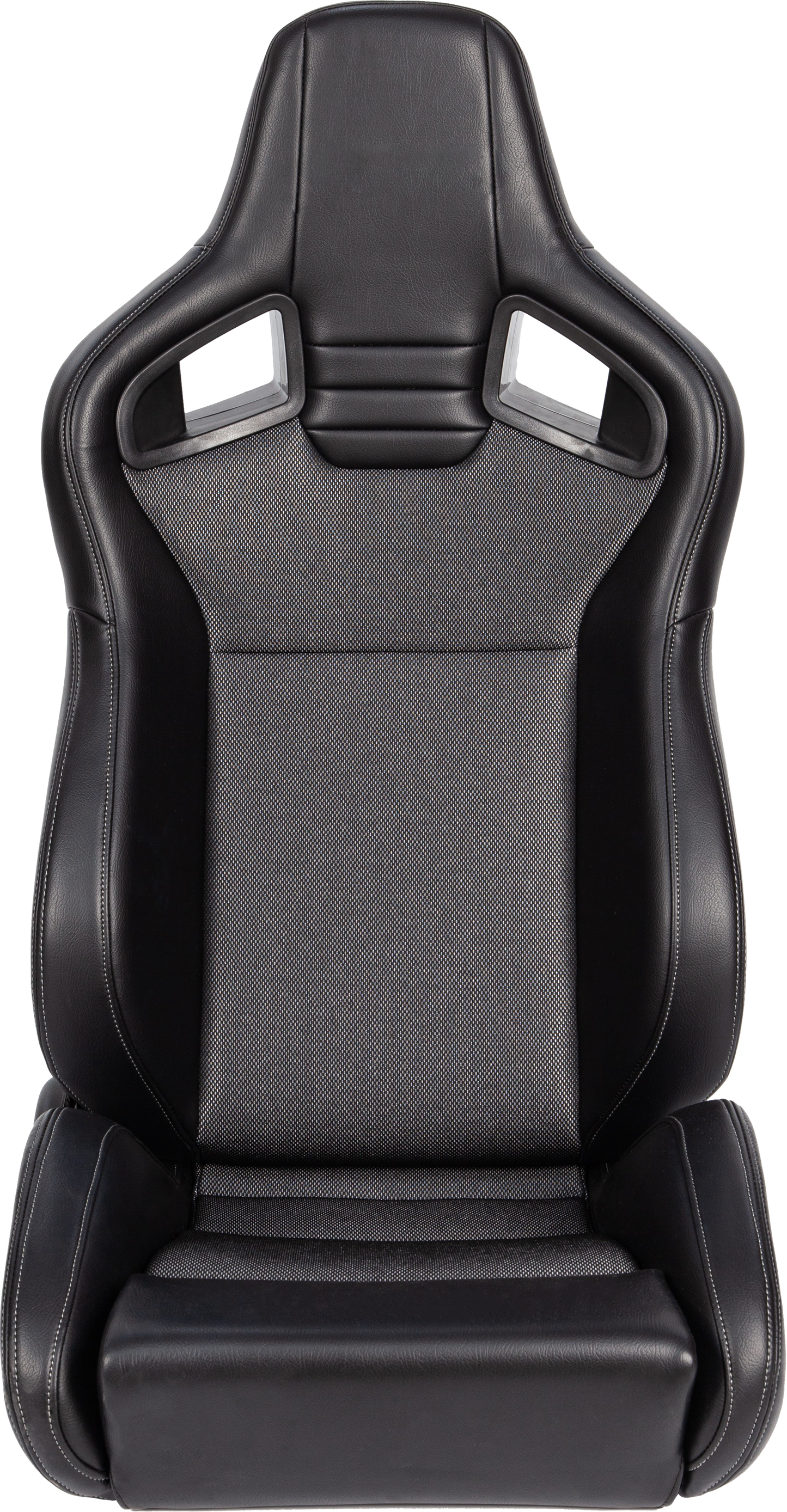 Black racing bucket seat with grey textured fabric inserts and white stitching for performance driving