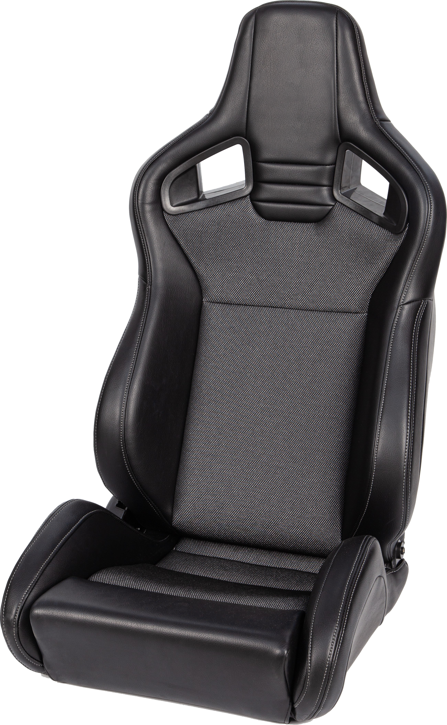 Black racing seat with durable leather and textured fabric ideal for performance vehicles