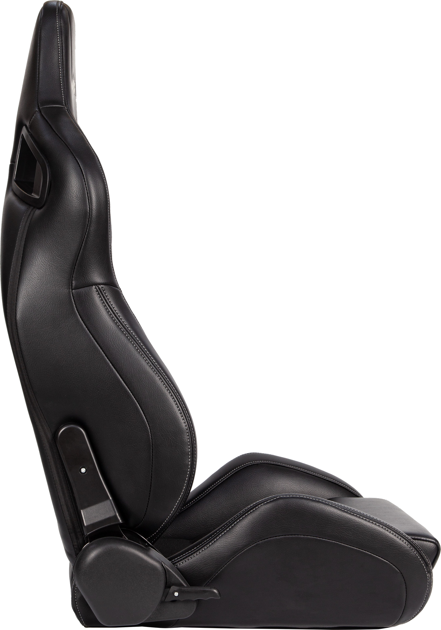 Black racing bucket seat with white stitching and adjustable lever