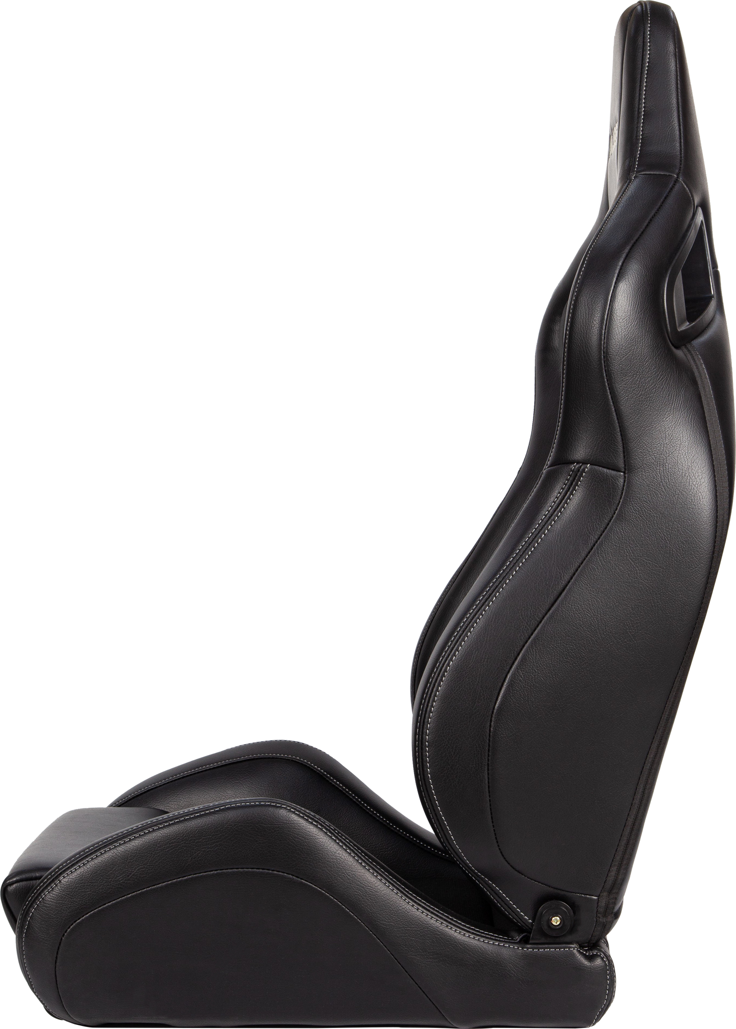 Black racing seat with white stitching ergonomic design for performance driving