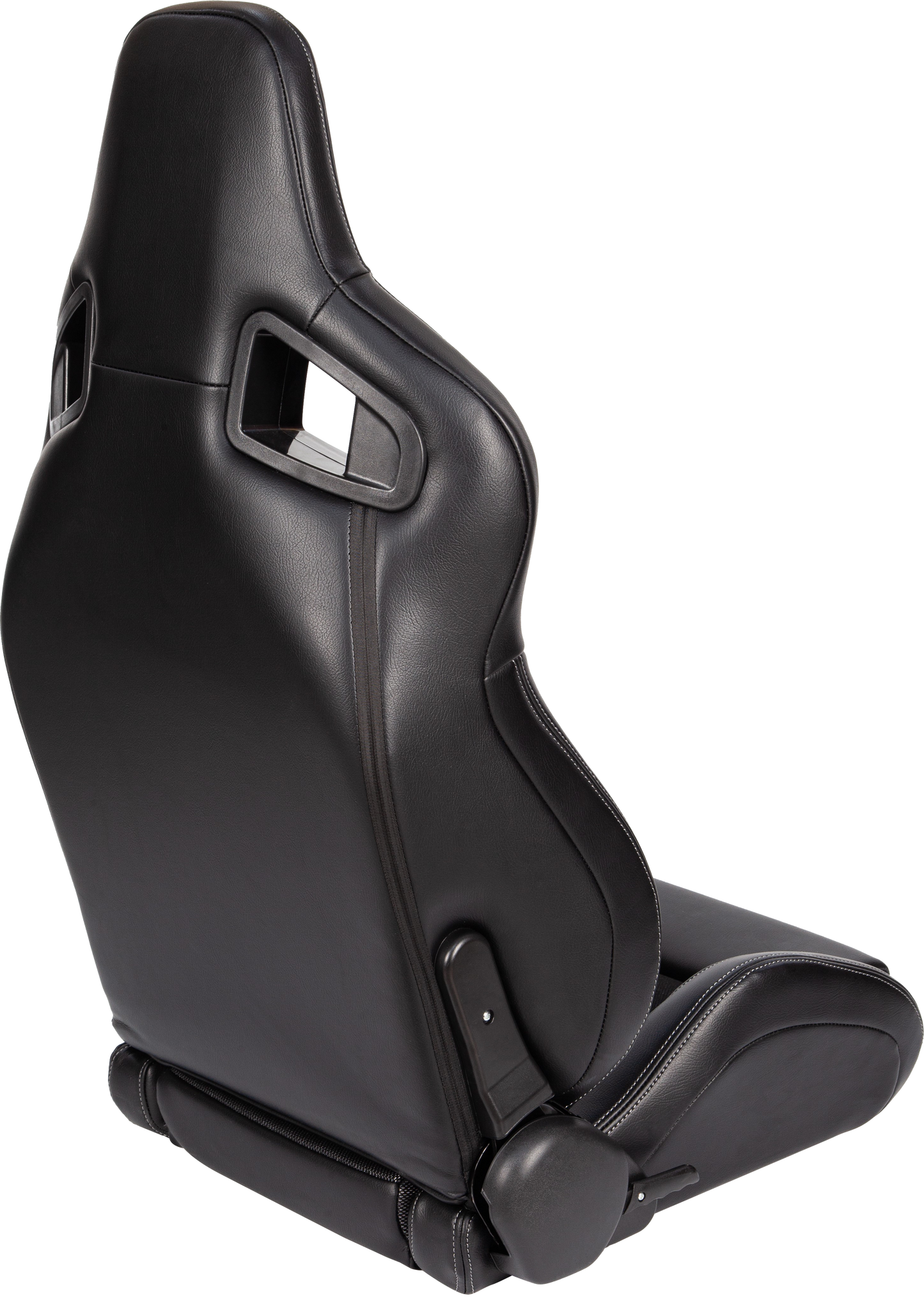 Black racing seat with white stitching and adjustable recline mechanism