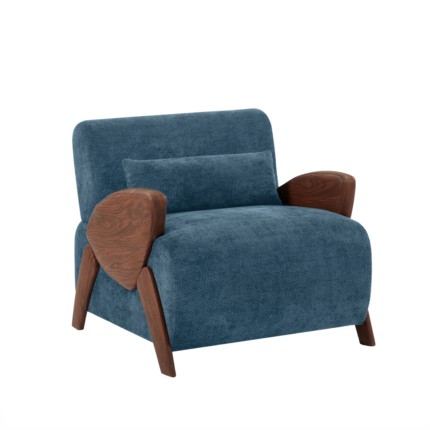 Blue textured armchair with wooden accents perfect for midcentury modern living rooms