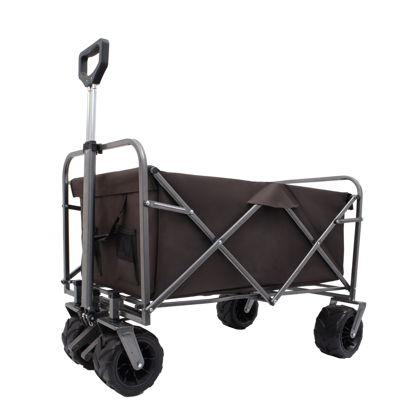 Folding utility wagon in dark brown with steel frame and durable wheels