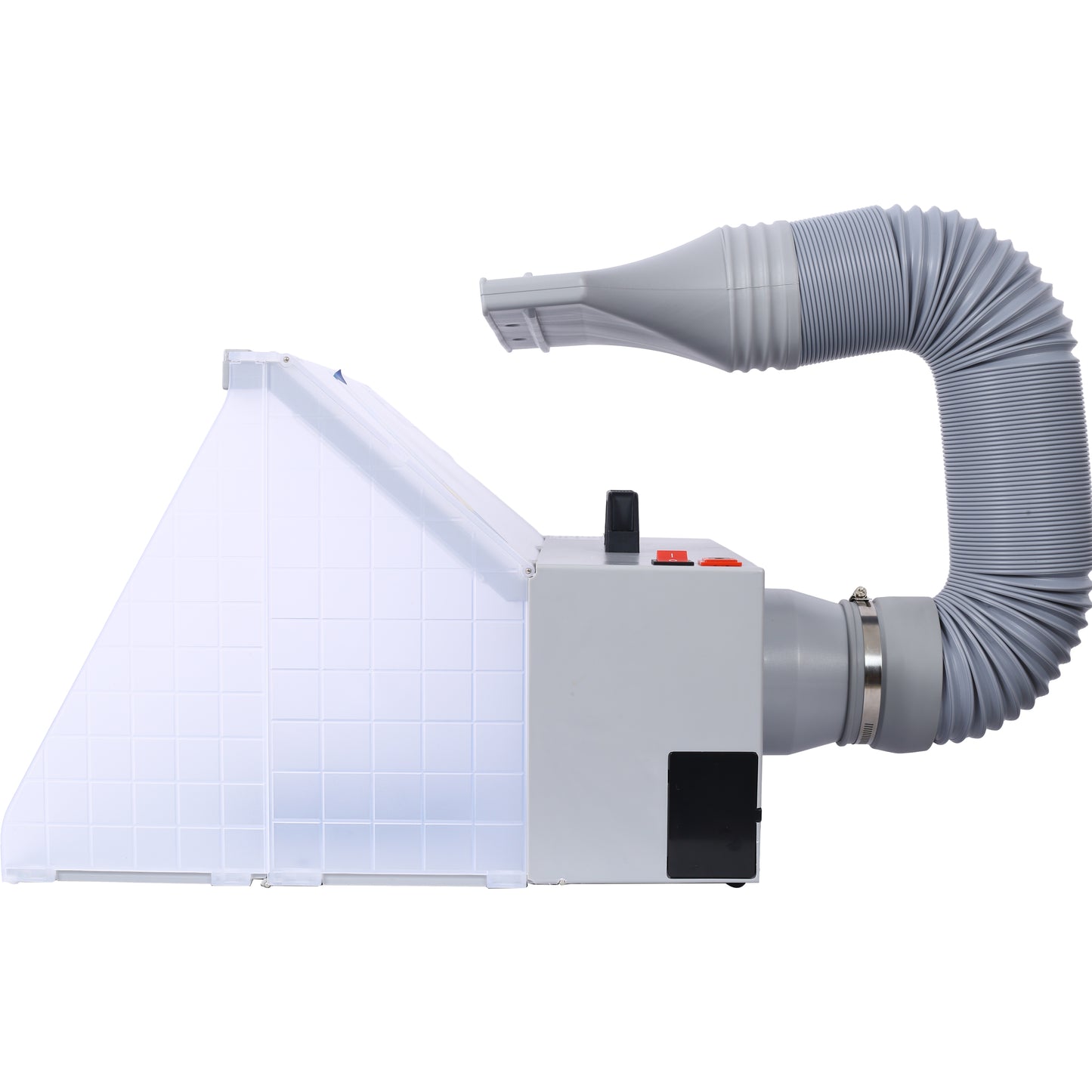 Gray adjustable fume extractor with transparent hood and flexible hose for hobbyist use