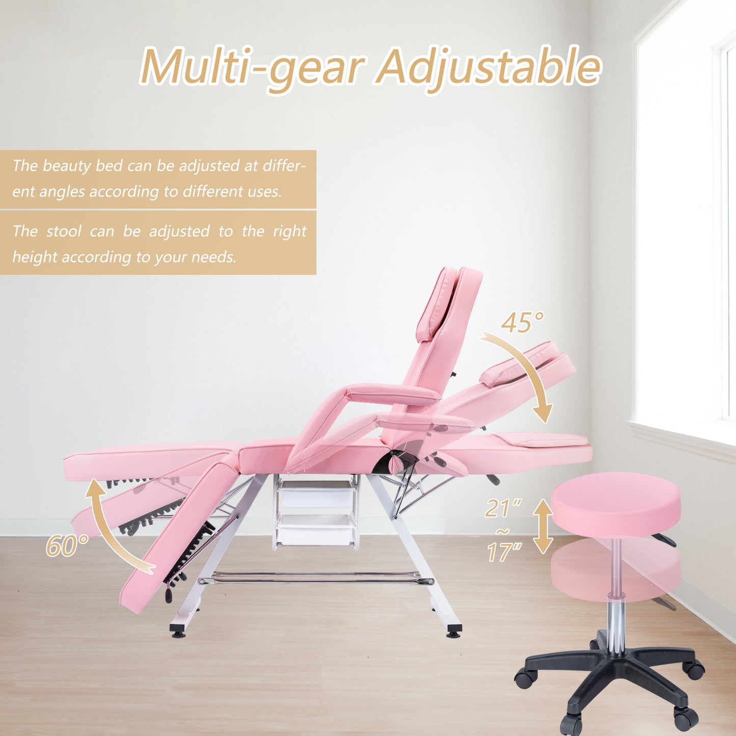 Pink adjustable spa bed with armrests and storage drawers ideal for salons