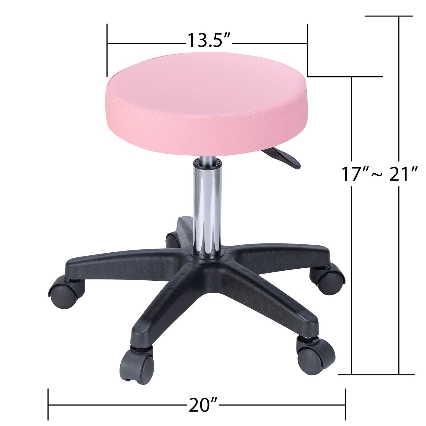 Adjustable height pink salon stool with padded seat and rolling casters for easy mobility