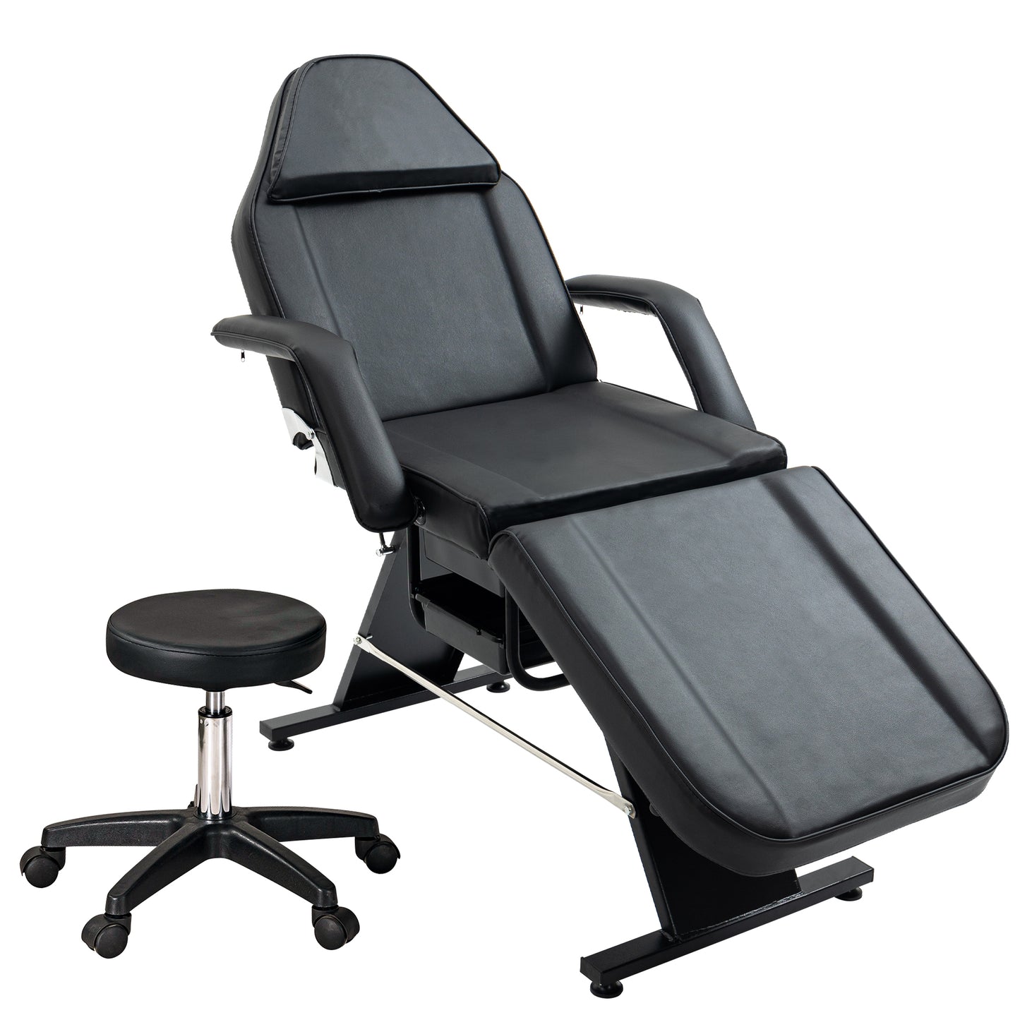 Black adjustable massage table with headrest and rolling stool