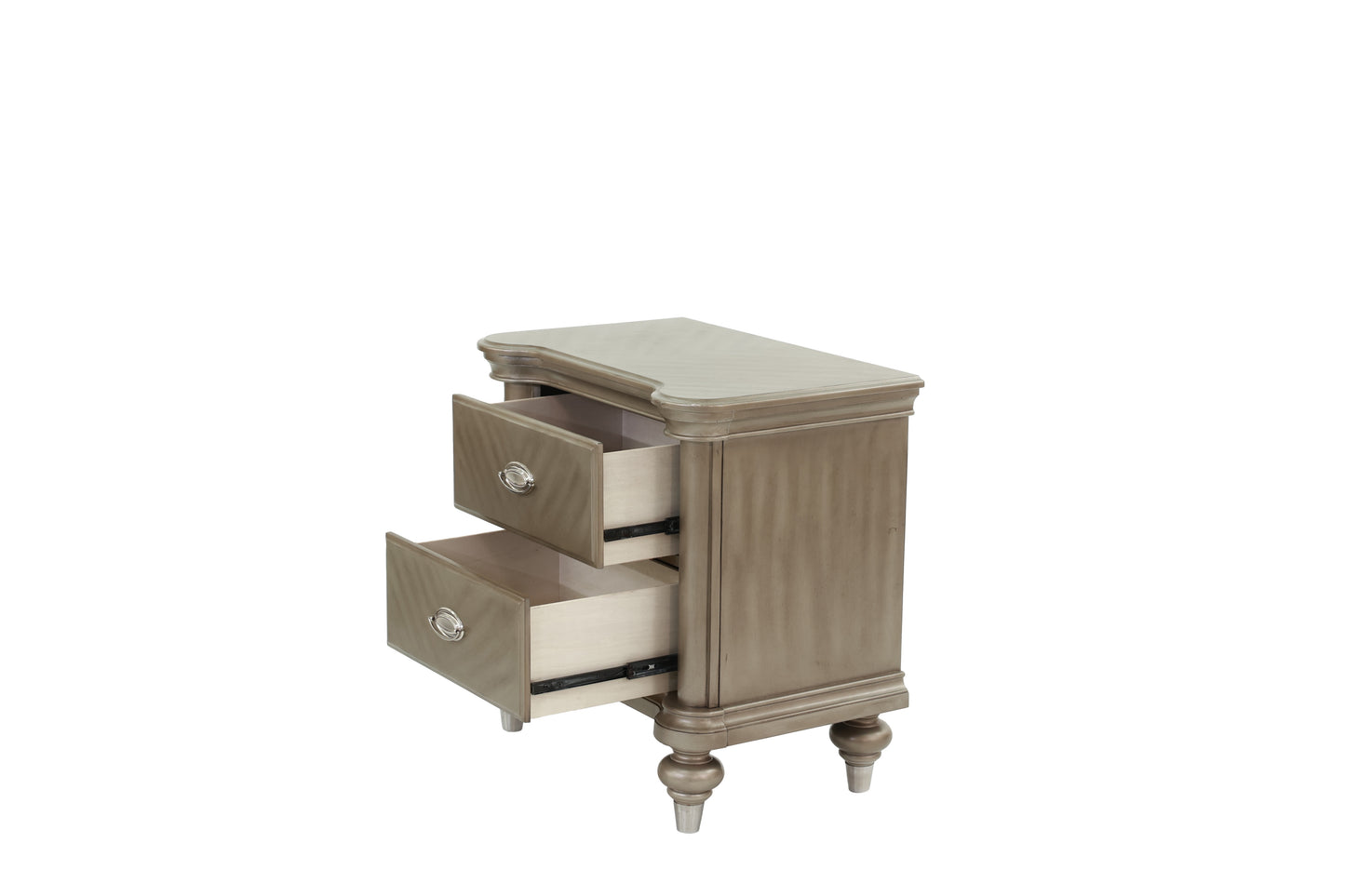 Antique brass nightstand with two drawers and ornate hardware