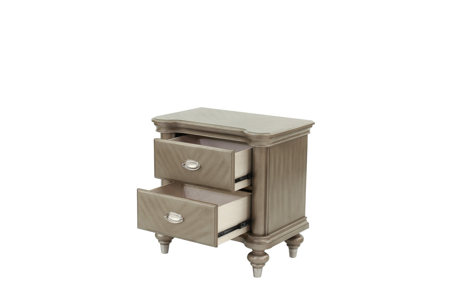 taupe wood nightstand with two drawers and silver hardware