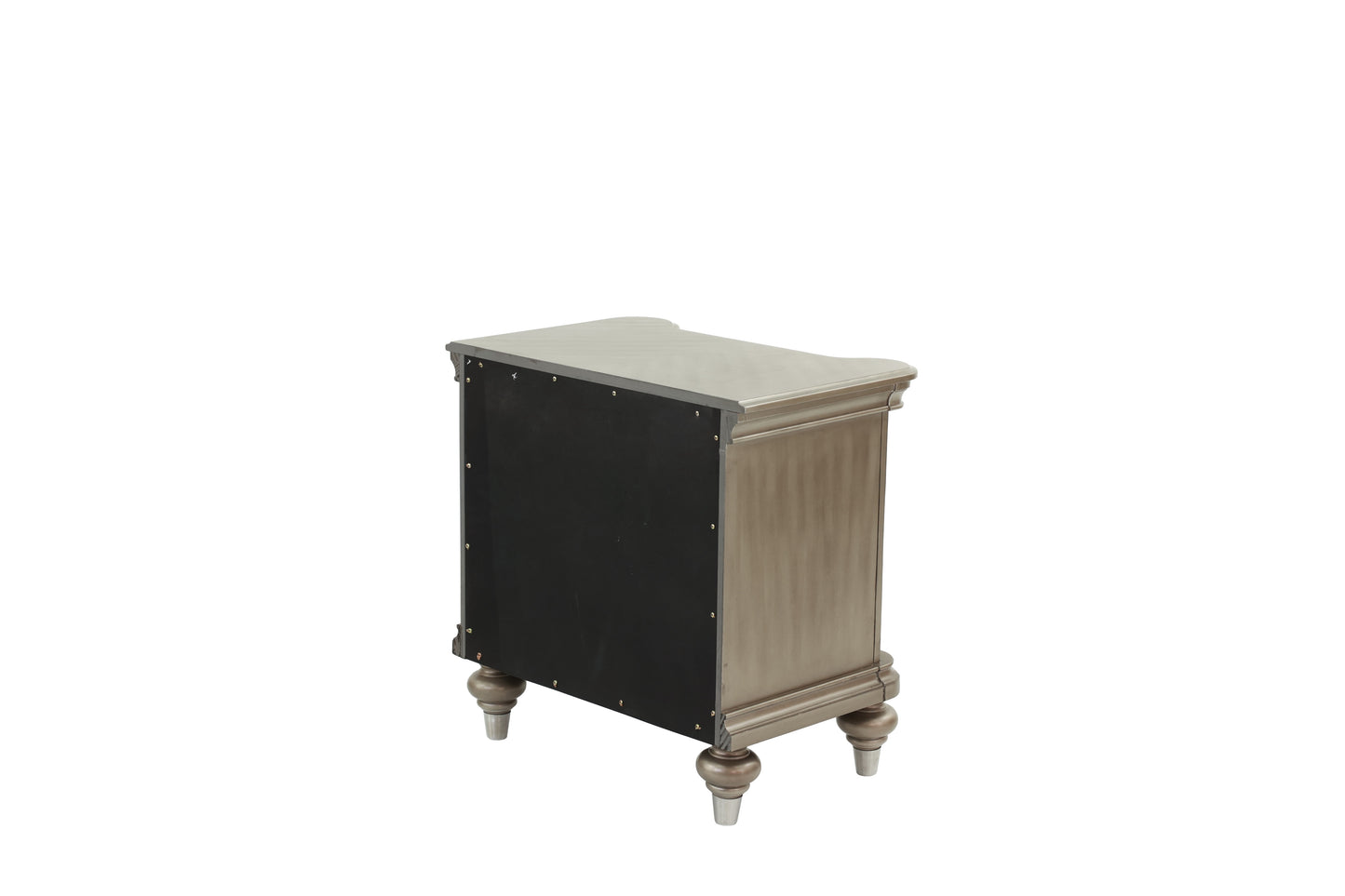 Antique silver nightstand with decorative trim and carved bun feet