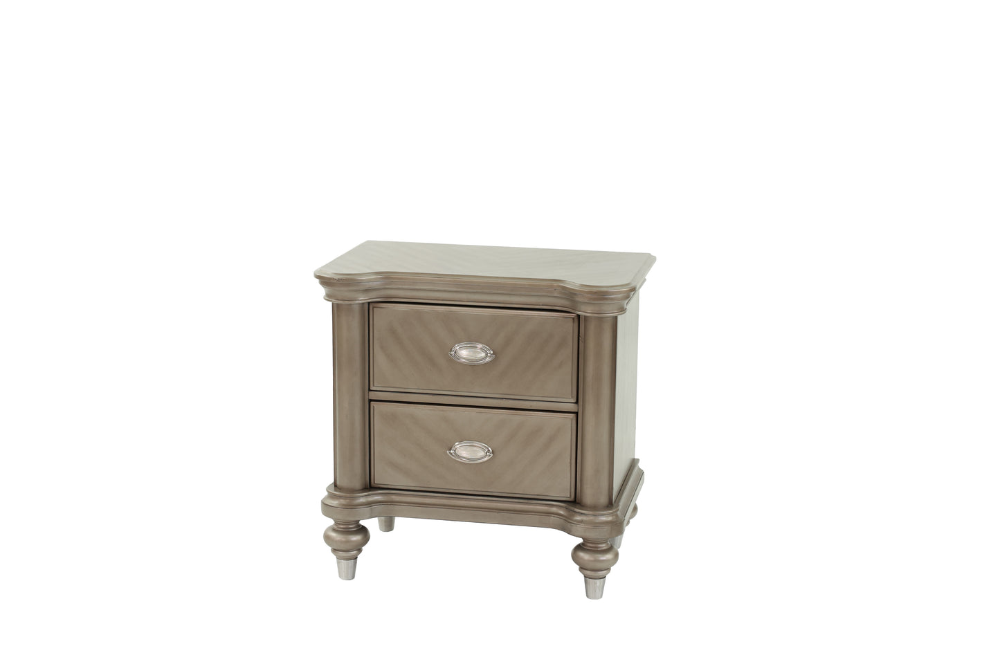 Ornate champagne nightstand with two drawers and silver hardware