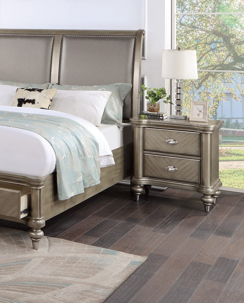Silver velvet sleigh bed headboard with nailhead trim