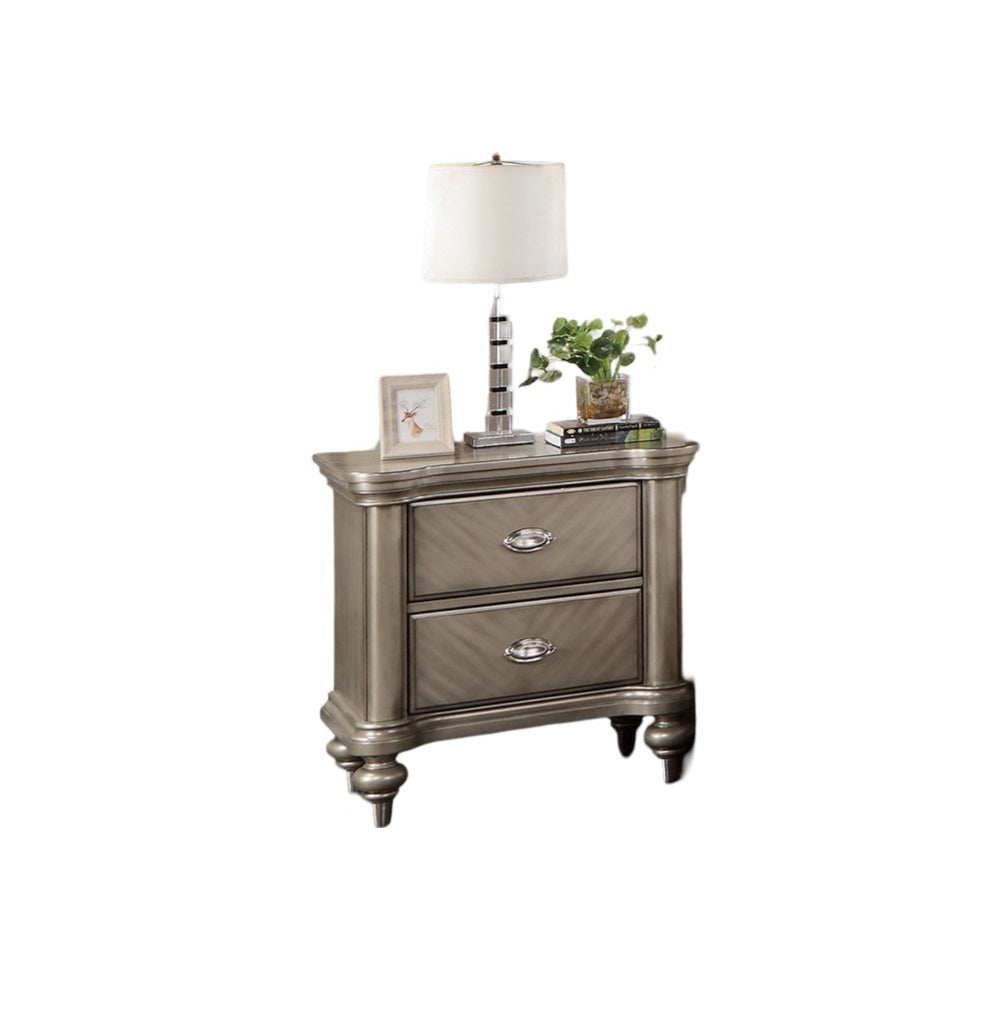 Silver wood nightstand with two drawers and ornate legs