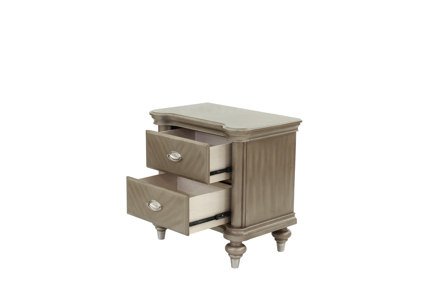 Taupe finish nightstand with two drawers and ornate silver pulls