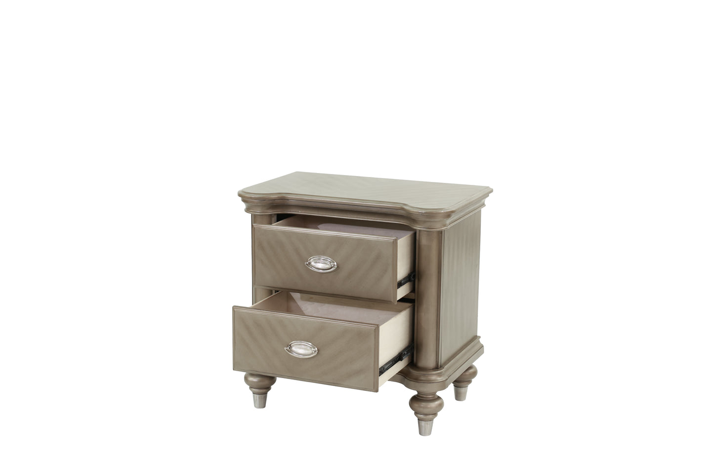 Light gold twodrawer nightstand with decorative carved fronts and silver hardware