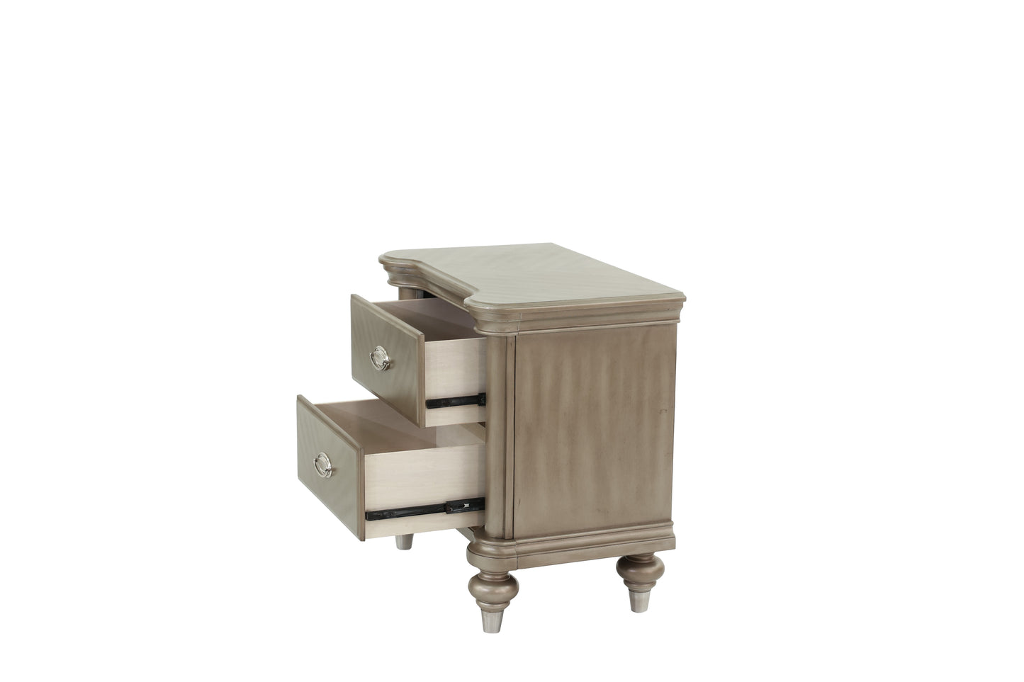 Champagnecolored bedside table with two open drawers and ornate legs