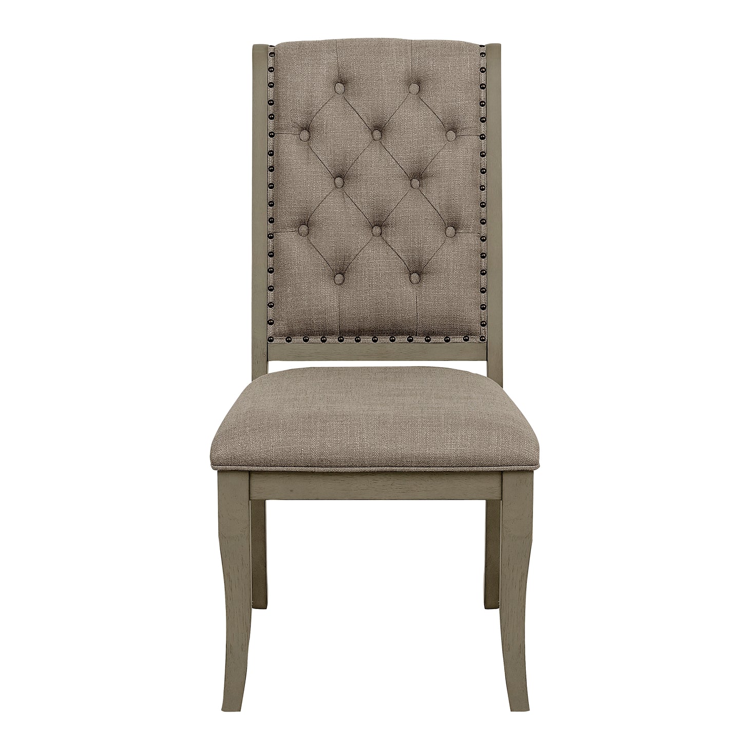 Tufted beige fabric dining chair with nailhead trim and grey wood legs