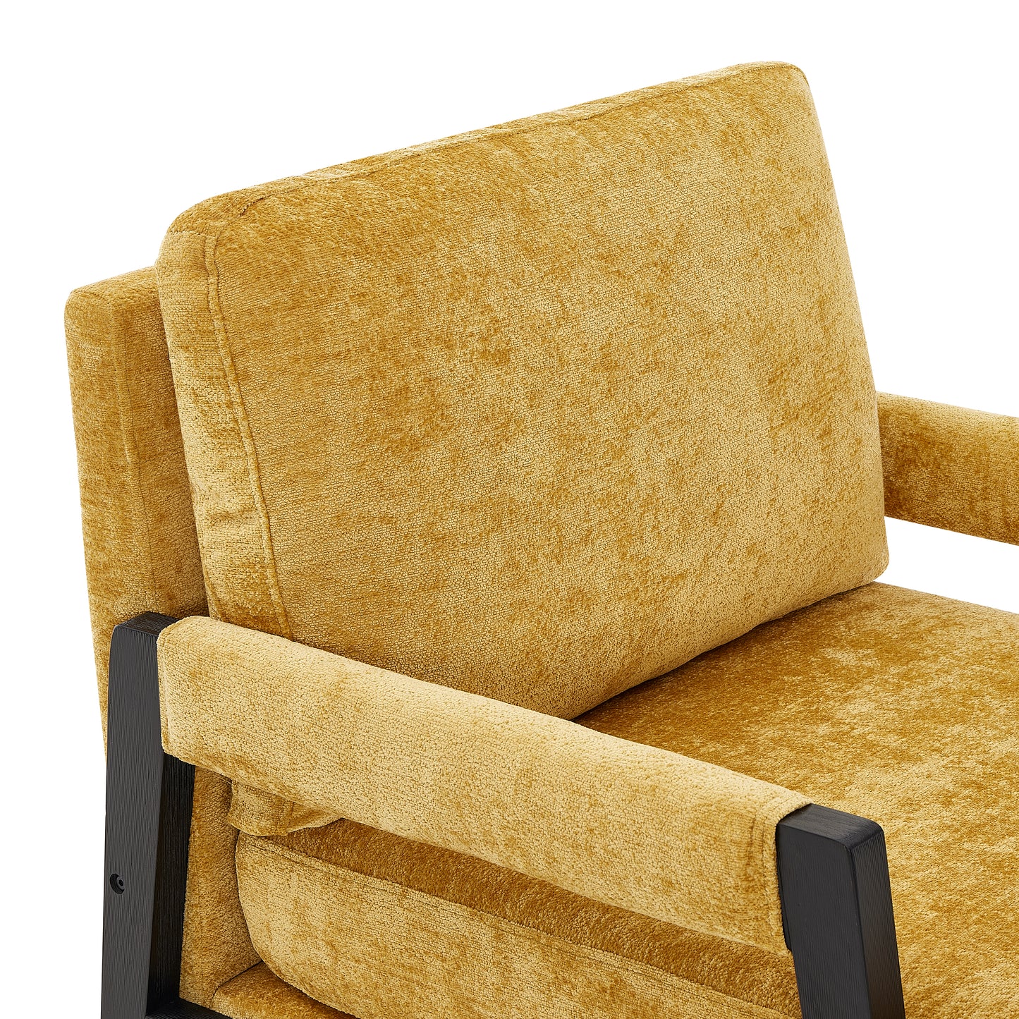Velvet armchair in mustard yellow with a textured finish and dark wood armrests