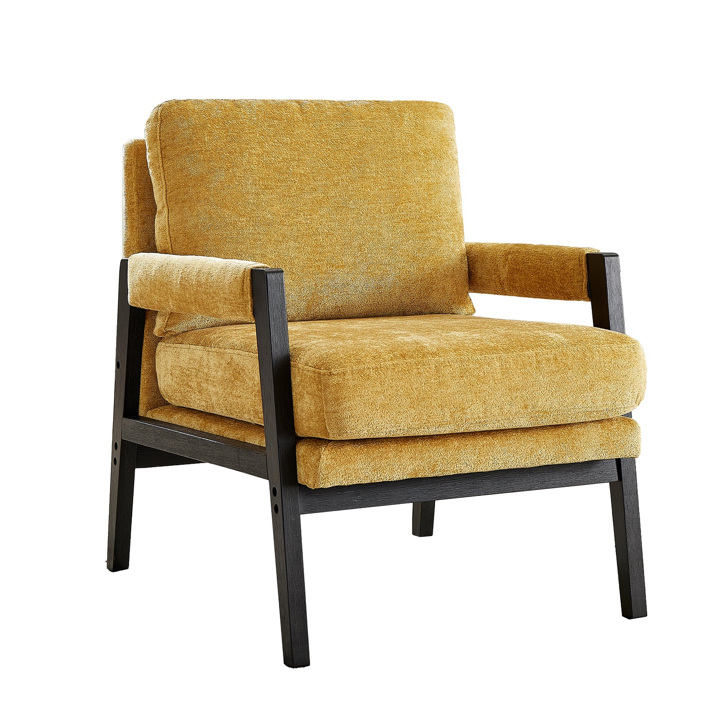 Modern accent armchair in golden yellow textured fabric with a dark wood frame