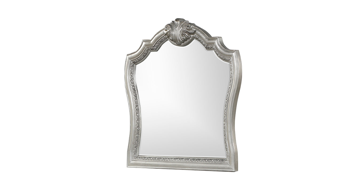 Ornate silverfinished decorative wall mirror with carved scrolling details