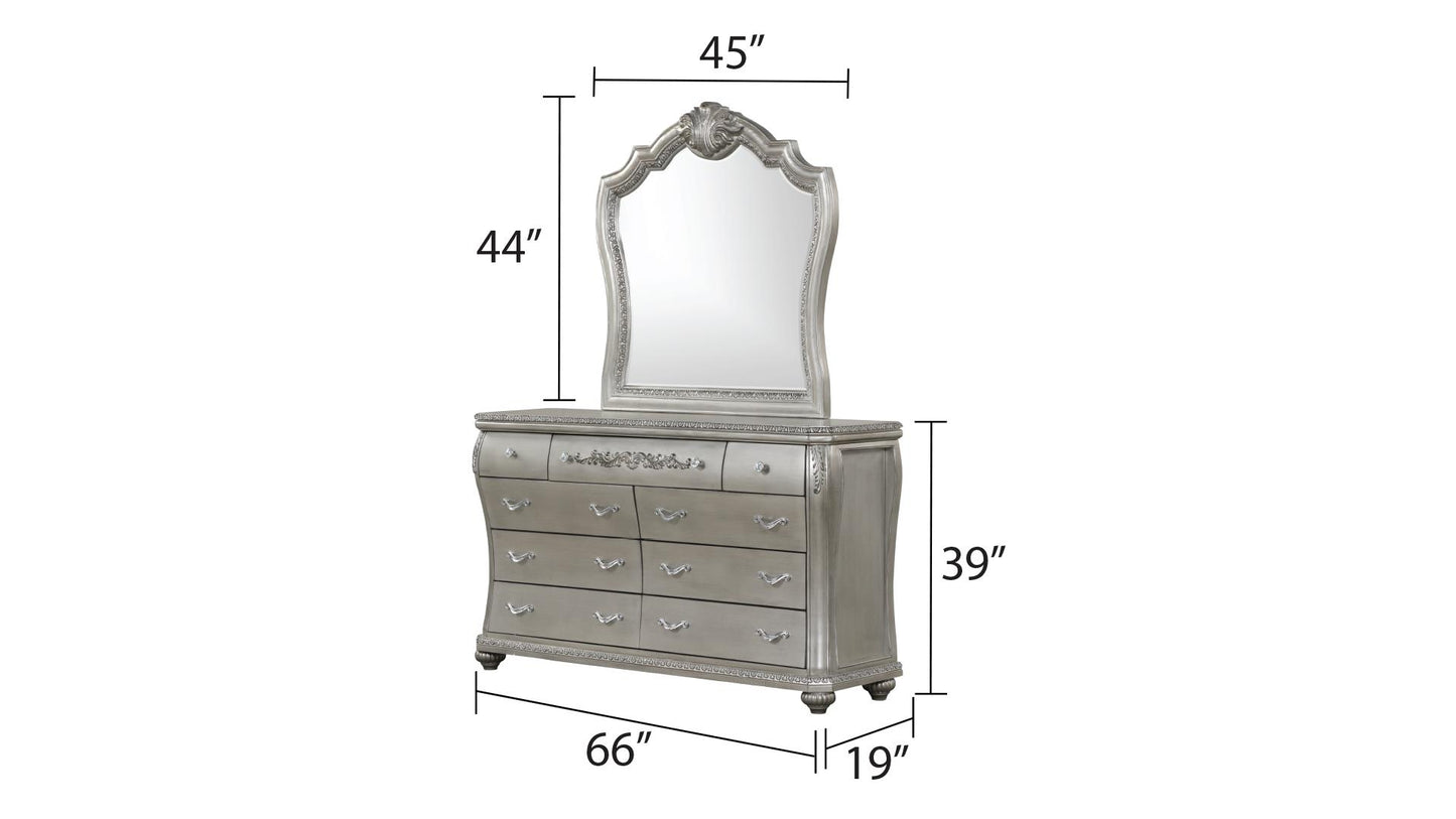 Ornate silver dresser with matching mirror drawers and curved fronts