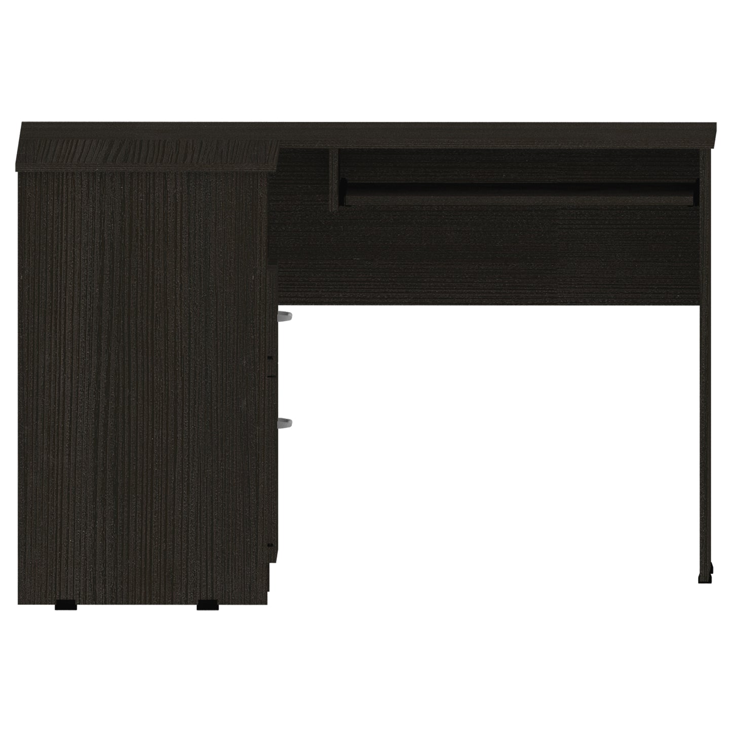 Dark wood computer desk with three drawers and a pullout keyboard tray