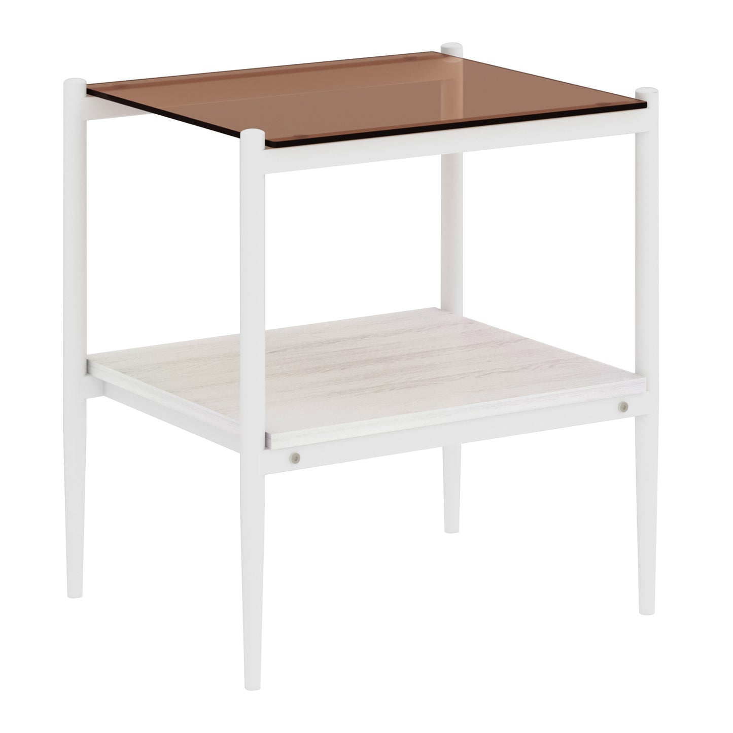 White metal end table with brown glass top and woodlook shelf