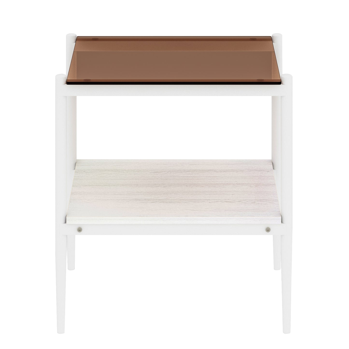 Modern white side table with a bronze glass top and light wood shelf