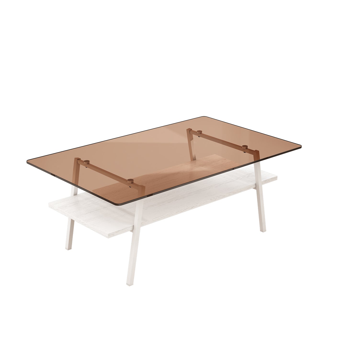 Modern coffee table with smoked glass top and twotier wood shelf