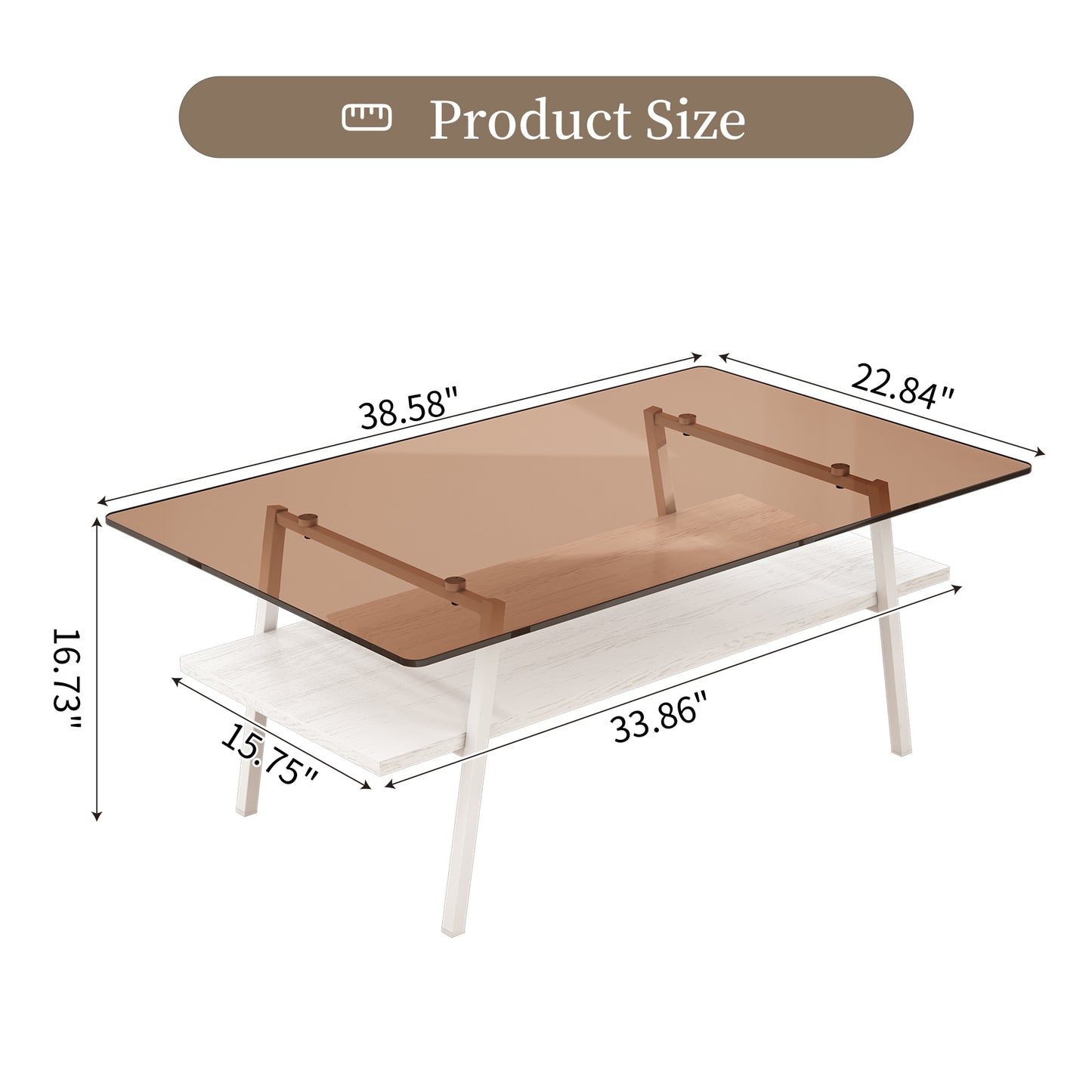 Modern coffee table with tempered glass top and white wood shelf