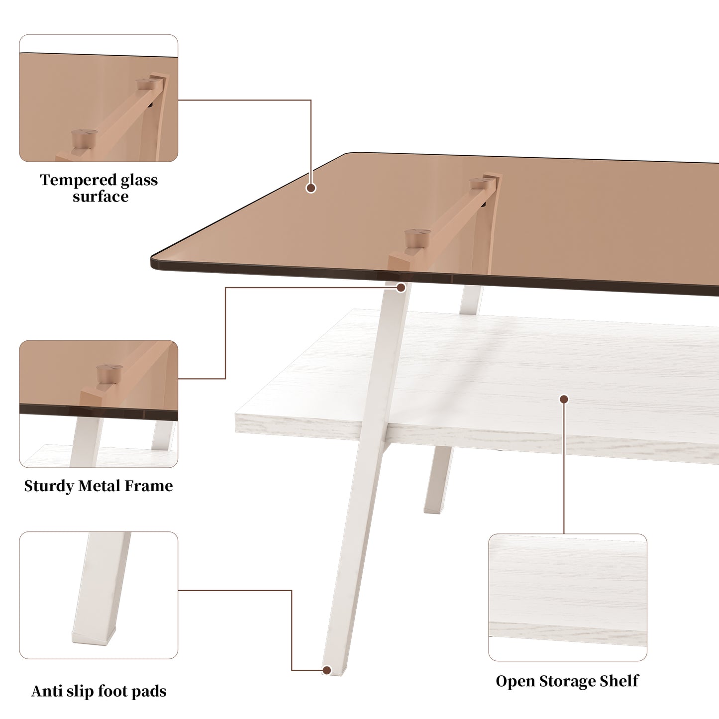 Modern coffee table with tinted tempered glass top and white wooden shelf
