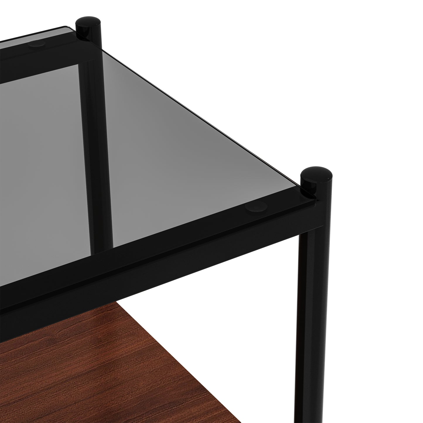 Modern black metal frame coffee table with smoked glass top and walnut wood shelf