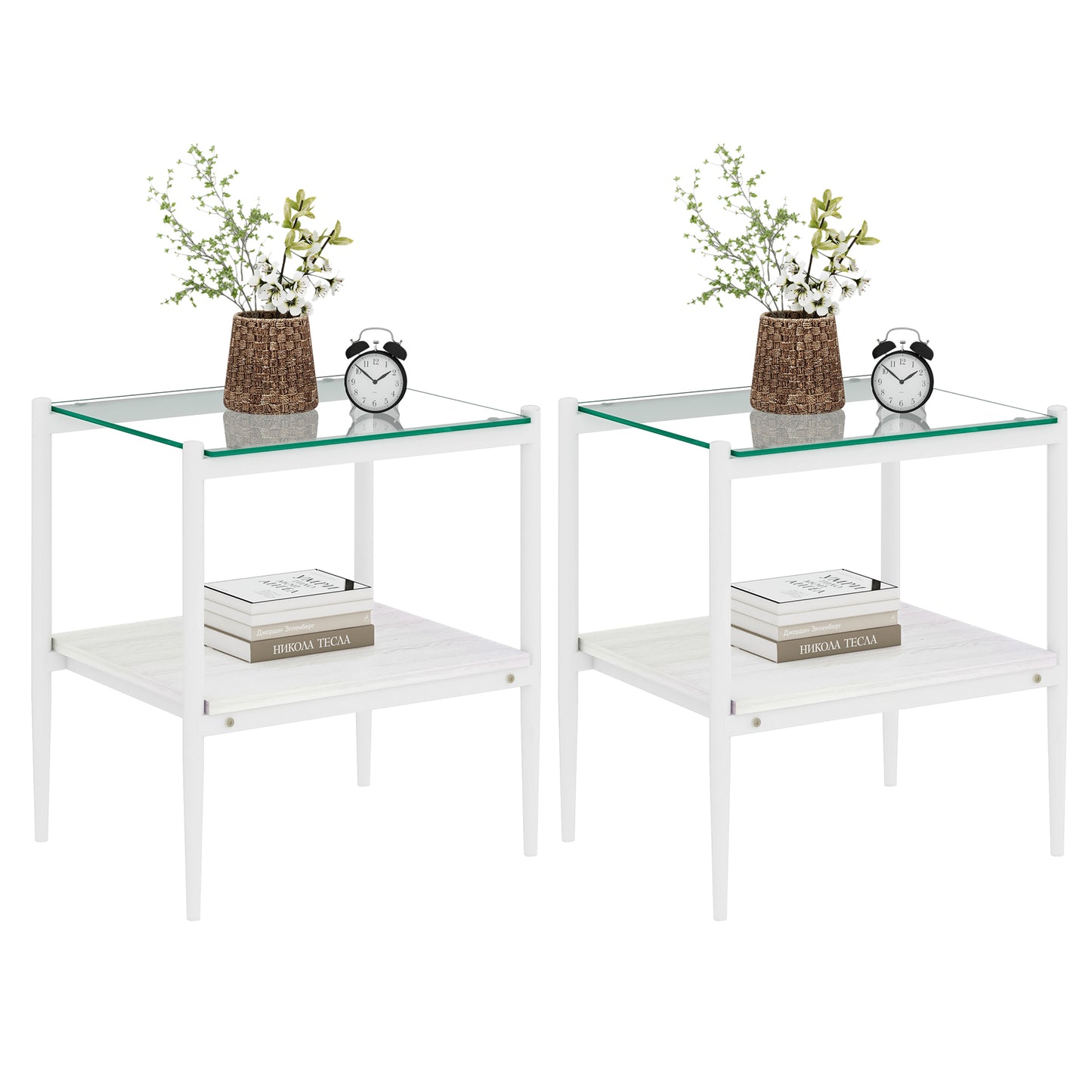 Pair of white metal end tables with glass tops featuring books and decorative items