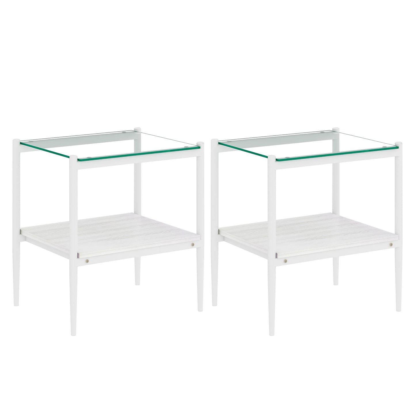 Two white modern end tables with glass tops and woodlook shelves