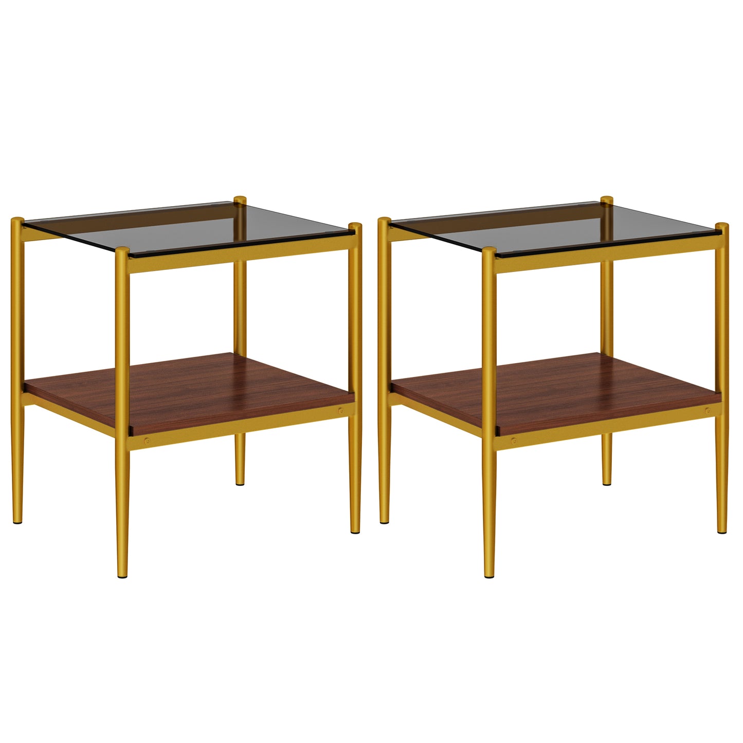 Two modern end tables with dark glass tops and warm wood shelves on gold metal frames