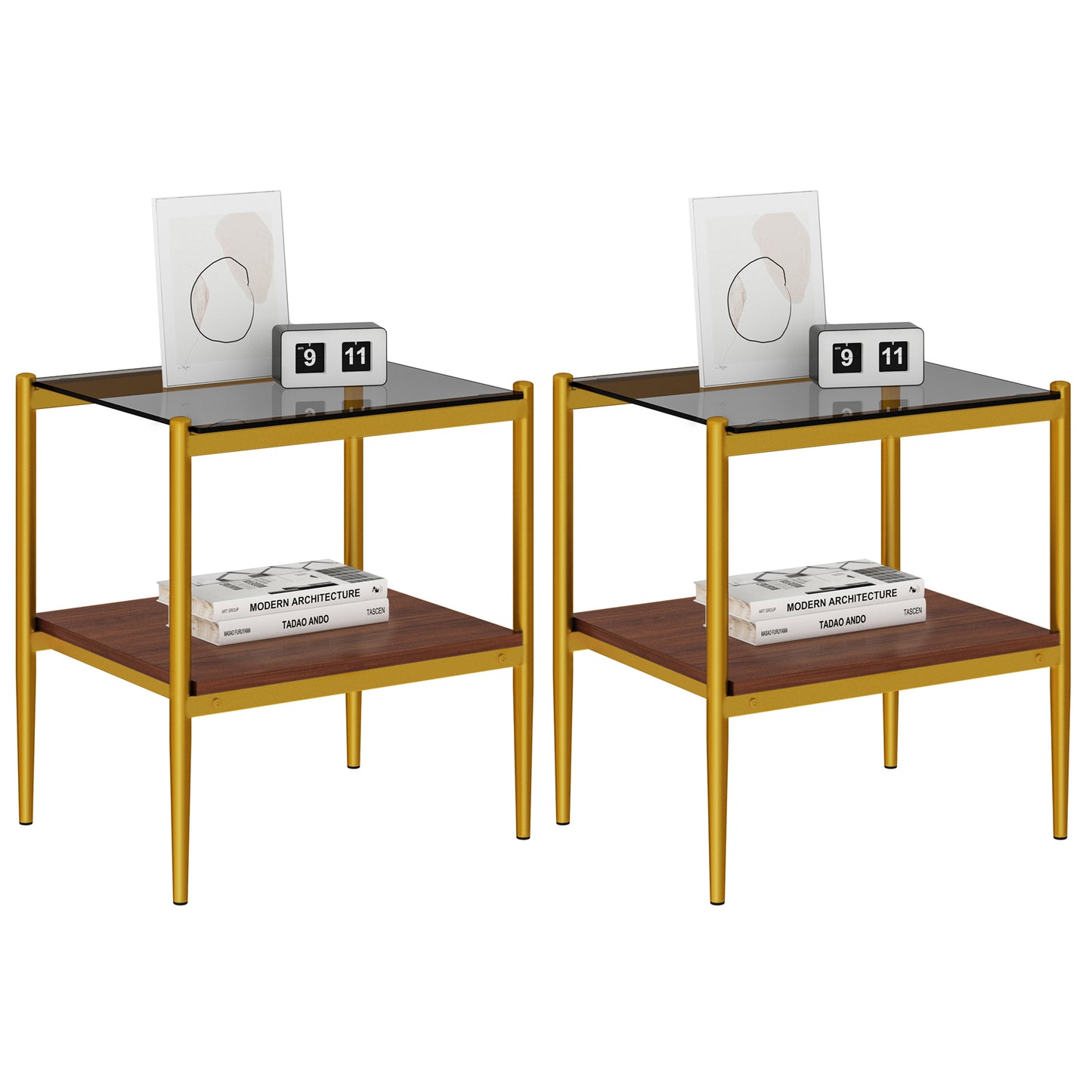 Gold metal side table with glass top wooden shelf and modern art