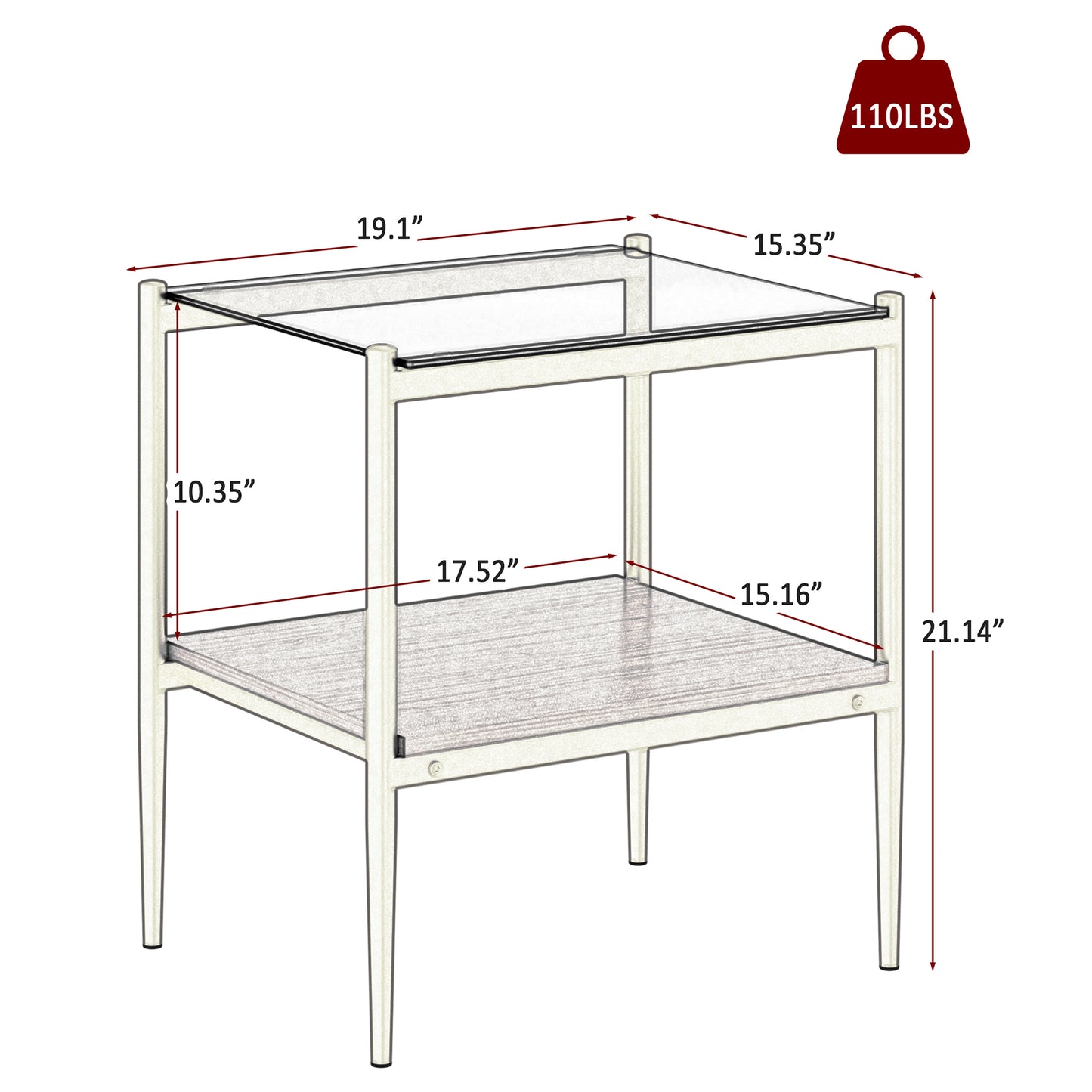 Modern end table with glass top wood shelf and white metal frame W x D