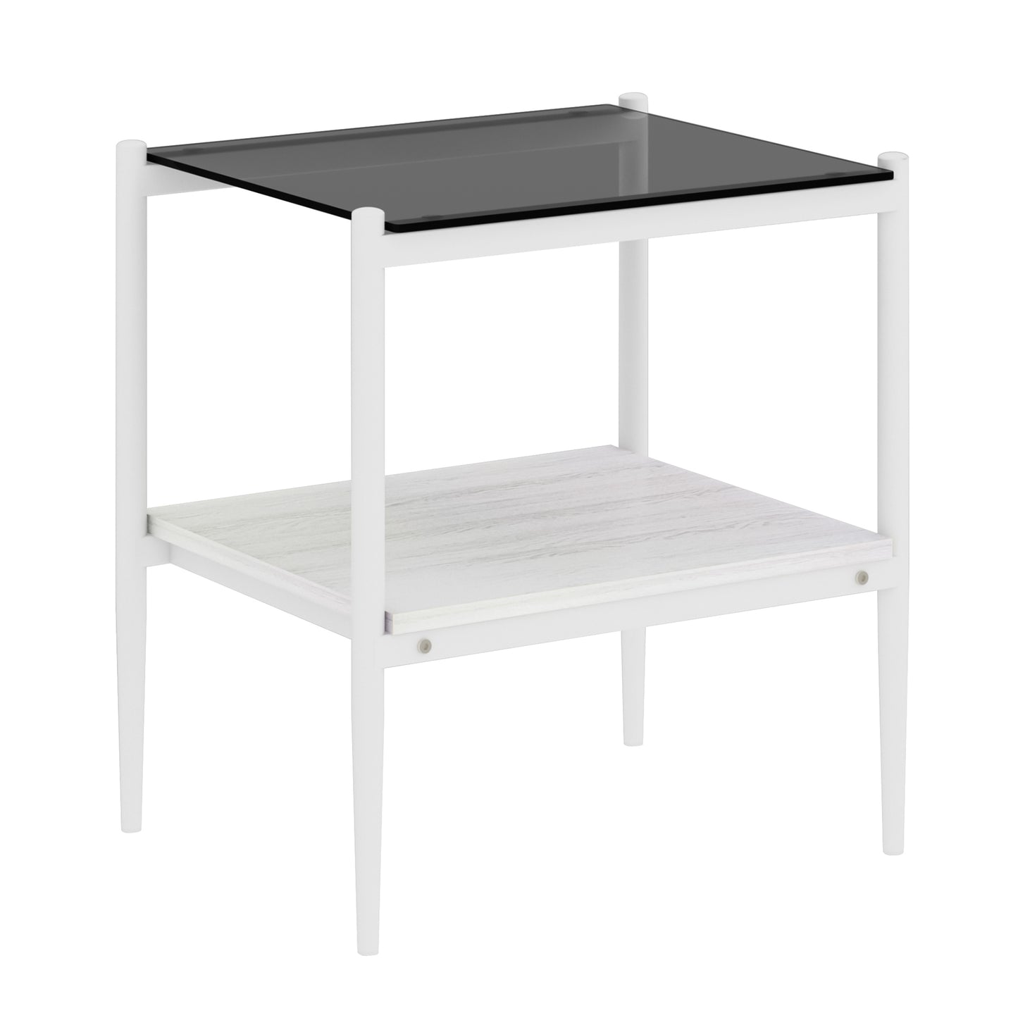 White metal end table with black glass top and woodlook shelf