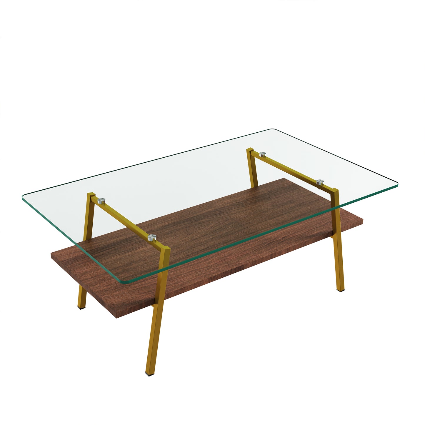 Modern coffee table with clear glass top and dark wood shelf on gold frame
