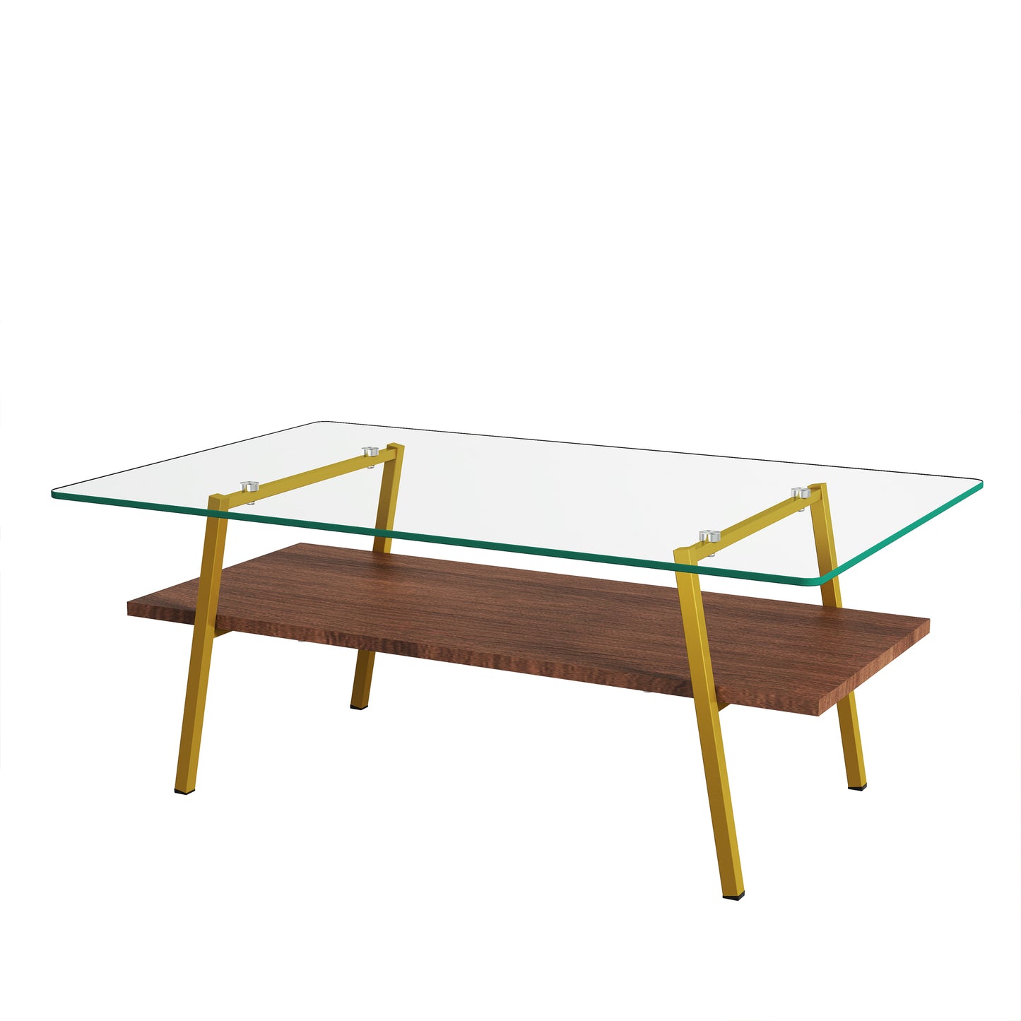 Modern glass coffee table with warm walnut wood shelf and gold metal legs