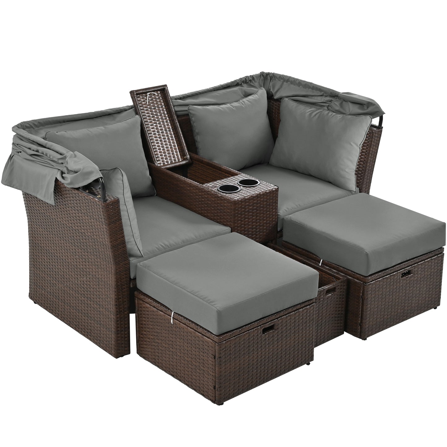 Brown wicker sectional outdoor sofa with grey cushions and cup holders