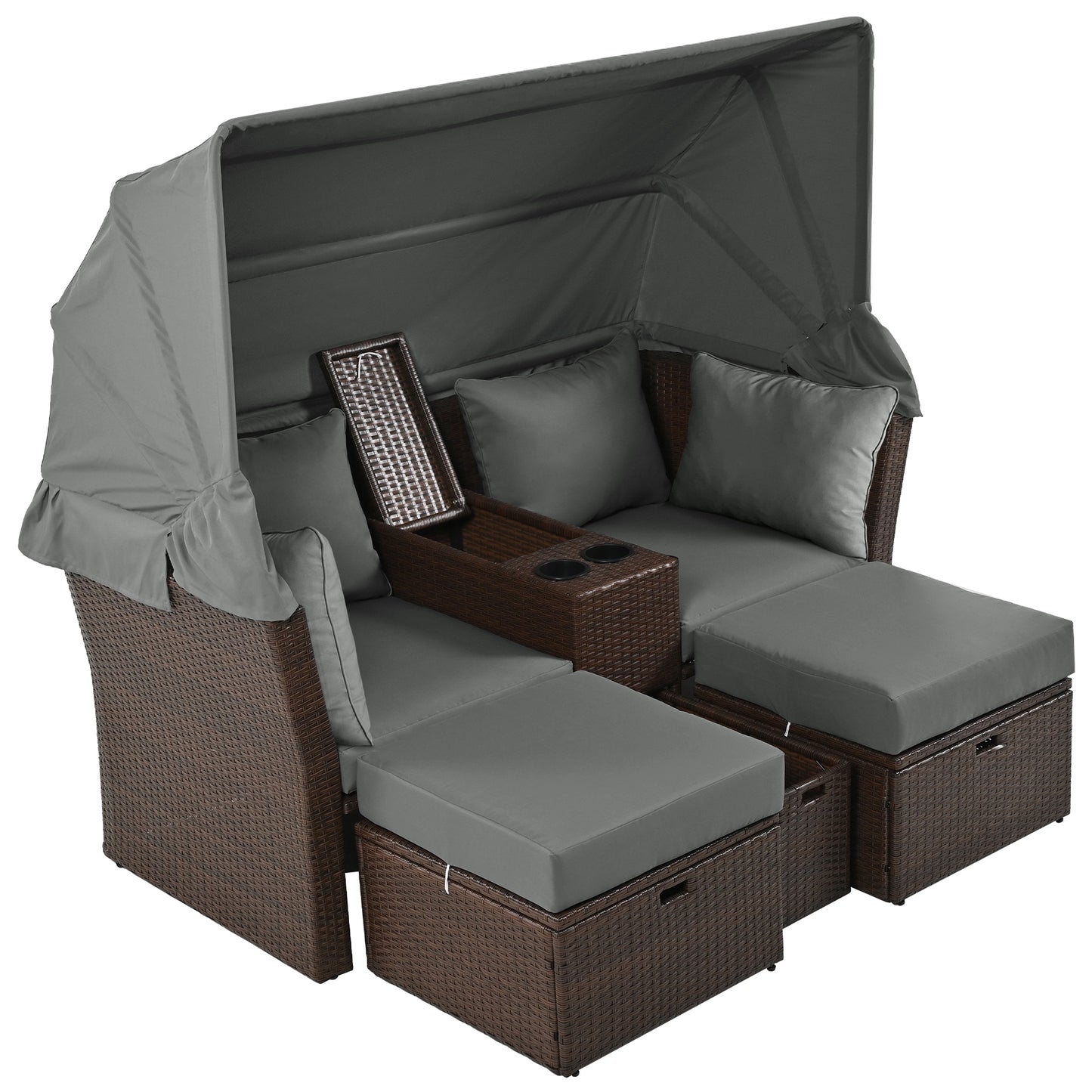 Brown wicker outdoor sofa with gray cushions and canopy featuring cup holders and storage