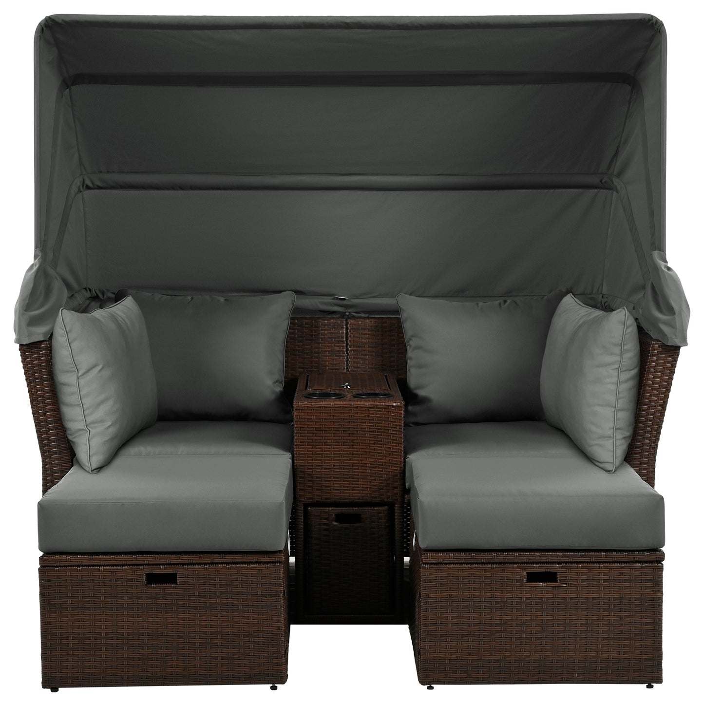 Dark grey wicker outdoor loveseat with canopy and storage featuring plush cushions