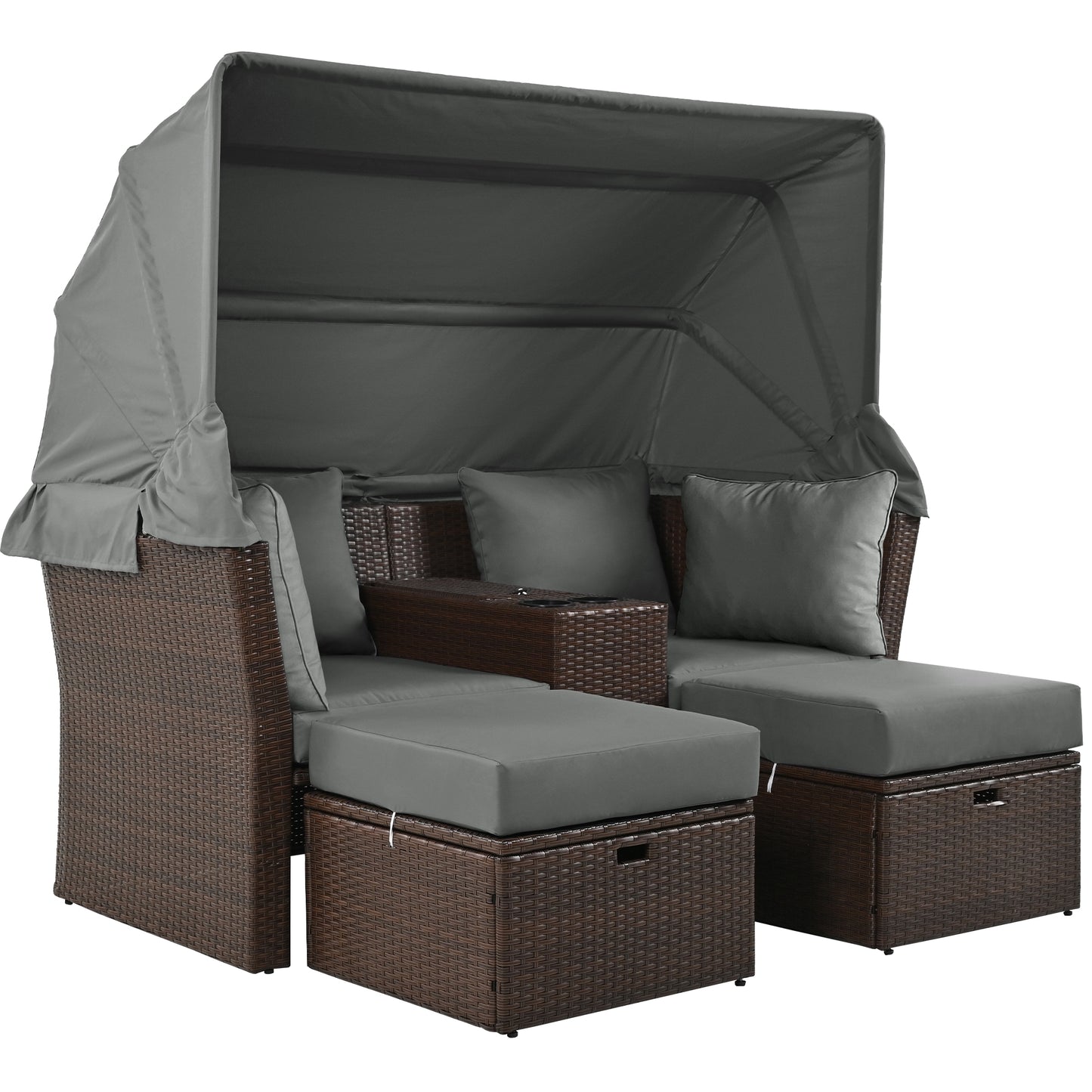 Brown rattan outdoor sofa with grey cushions and canopy featuring storage
