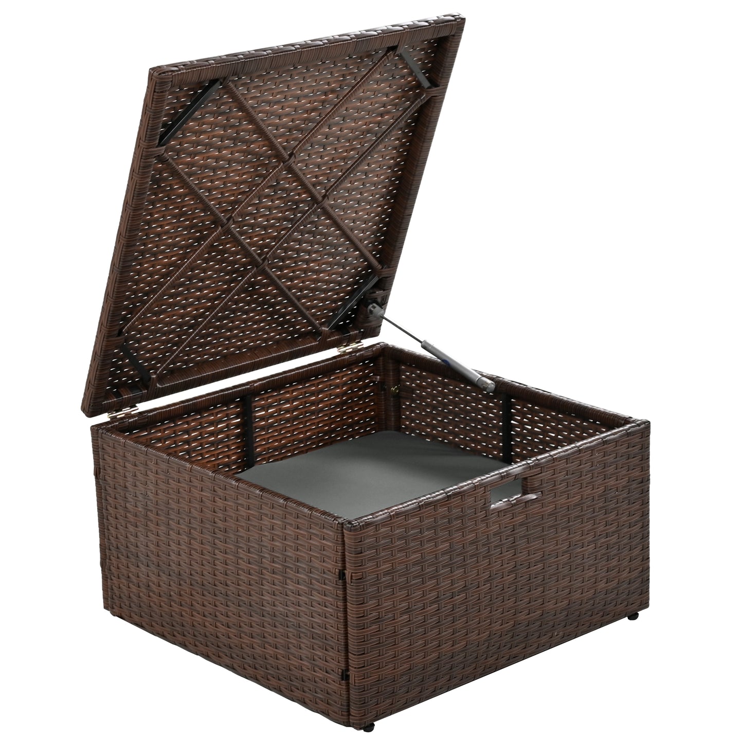 Brown wicker patio storage box with open lid and gas lift assist