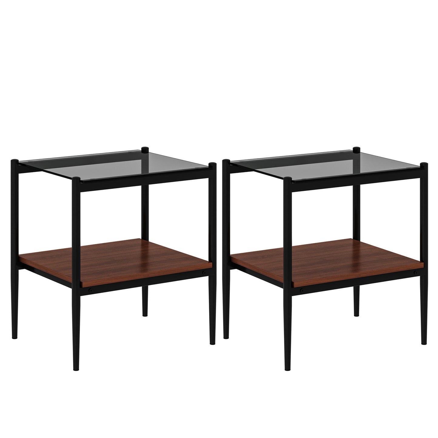 Pair of black metal side tables with glass tops and walnut shelves